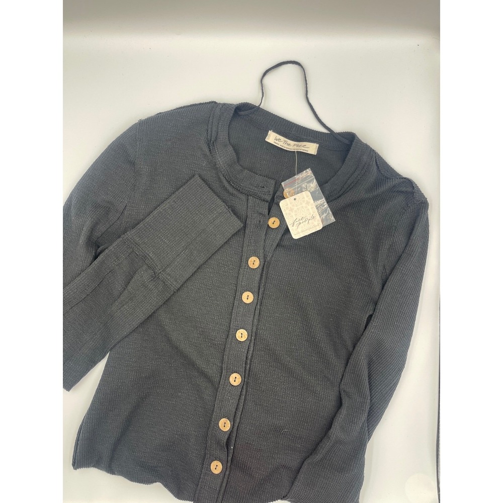 Free People Black Thermal Knit Button Front Mini Dress Casual Long Sleeve S